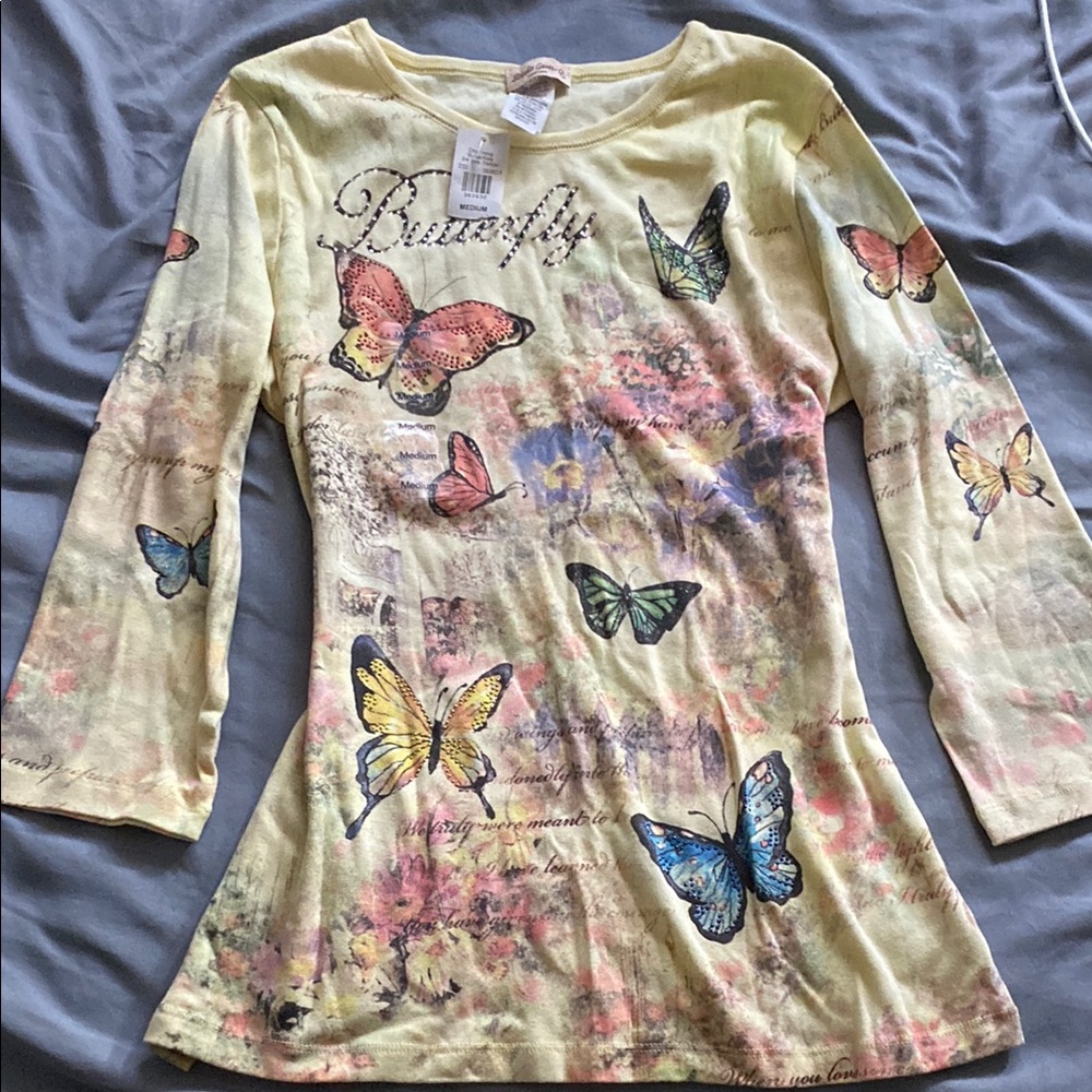 Studio Gem Yellow Butterfly Cotton Top